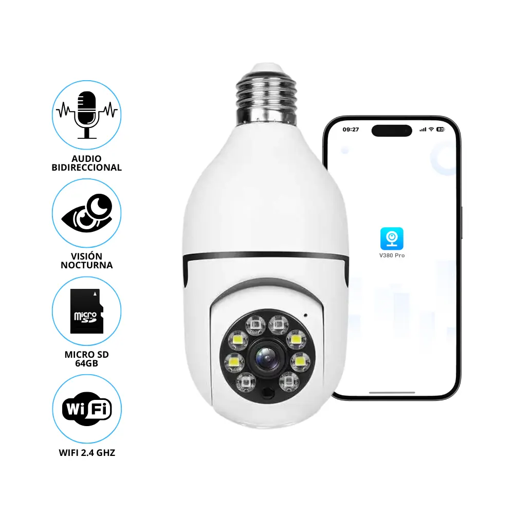 Cámara de vigilancia WiFi 360° tipo bombillo 5 MP